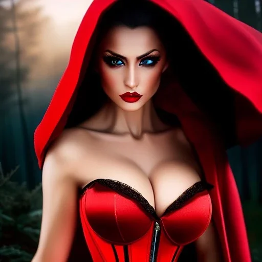 Ultra detailed fullbody Portrait in oil on canvas of busty Red Riding Hood wearing minimal skintight suit,intense stare,wearing tight corset,extremely detailed digital painting, extremely detailed face,crystal clear Big eyes,perfect iris, mystical colors ,perfectly centered image, ,perfect composition, rim light, beautiful lighting,masterpiece,16k, stunning scene, raytracing, anatomically correct, in the style of robert e howard and Ken Kelley and Ohrai Noriyoshi and Simon Bisley