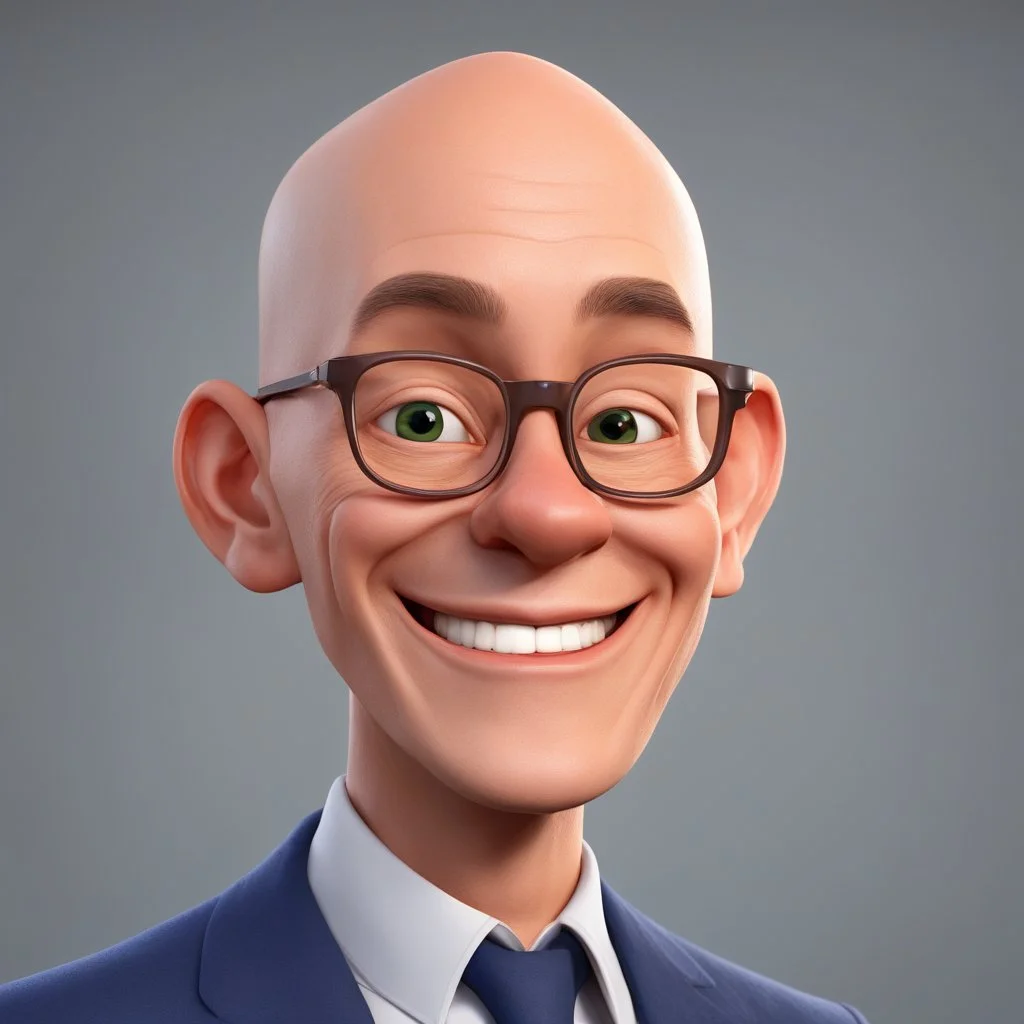 a portrait of smiling wise western man. 40 years old. caricature. gray short hair. light skin. wide forehead bald forehead. big nose. light brown eye pupils. elips eyeglasses, thin silver frame. oblong face shape. wear navy blue formal dress. pixar style. 3D. 4k. portrait. highly detailed. sharp focus. high resolution. full color. cinema lighting. with food background