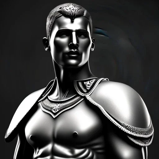 Muscular man sculpture, background = BLACK with a bit of mist, roman warrior, armor, helmet