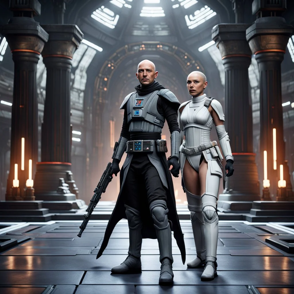 a bold and heroic bald male Corellian pilot in black and grey First Order special forces gear meets a female Jedi Master in ancient, mystical temple, hyperdetailed, dynamic lighting, hyperdetailed background, 8k resolution, volumetric lighting, light skin, fully symmetric details