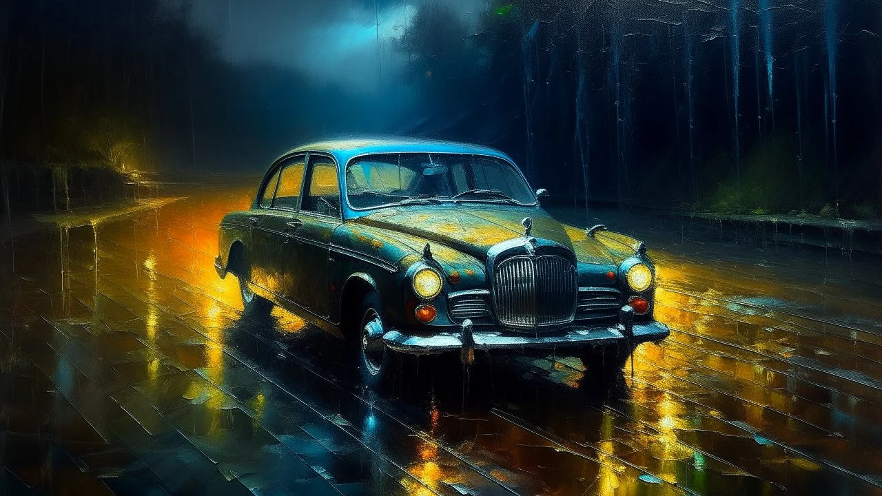 Vehículos reinterpretados en estilos pictóricos famosos: Pintura impresionista de un coche detenido bajo lluvia ligera donde la luz se descompone en manchas vibrantes sobre el metal húmedo