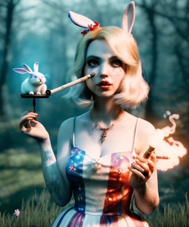 Ultra realistic wonderland photo, happy blonde Alice smoking a pipe, blue dress, white rabbit pet, circus dress style, old school tattoo, smoke, marijuana garden, glow eyes, perfect iris, soft color, highly detailed, unreal engine 5, ray tracing, RTX, lumen lighting, ultra detail, volumetric lighting, high definition.