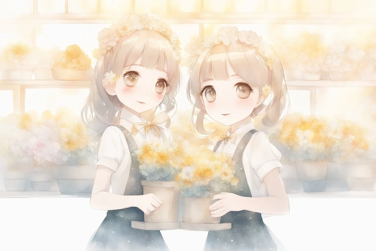 double exposure, flower shop, cute chibi salesgirl in flower uniform in sunshine, watercolor and black ink outlines, sparkling golden glitter, ethereal, cinematic postprocessing, bokeh, dof