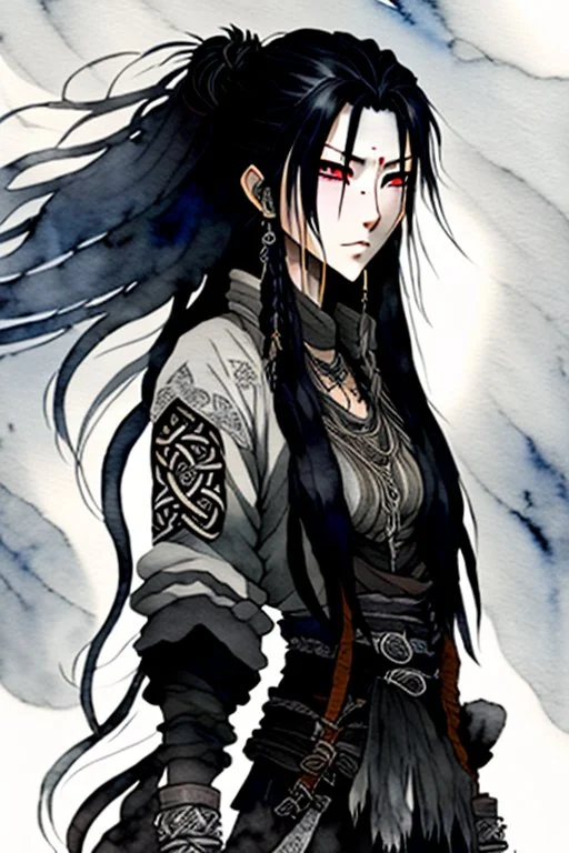 ink wash and watercolor illustration of an Anime ancient grizzled, gnarled female vagabond wanderer, long, black hair streaked with grey, highly detailed facial features, sharp cheekbones. Her eyes are black. She wears weathered roughspun Celtic clothes, emaciated and tall, with pale skin, full body , thigh high leather boots within a forest of massive ancient oak trees in the comic book style of Bill Sienkiewicz and Jean Giraud Moebius , dramatic natural light and shadow, rich vibrant colors