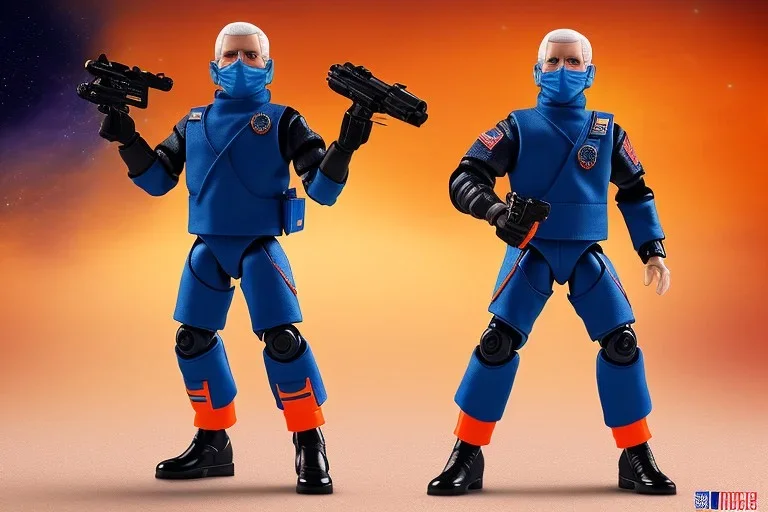 Mike Pence G.I. Joe toy figure With a blaster And jetpack space force Blue fabric uniform, fluorescent orange, black Moonboots