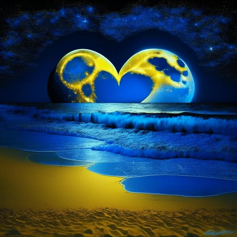 electric heart blue and gold moon on the beach