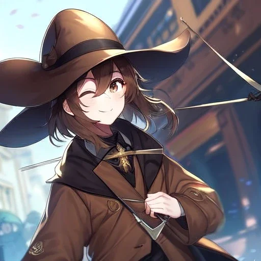 Clear focus, High resolution, short brown spiky hair, hair between eyes, eyes closed, wearing a brown detective hat, wearing a brown jacket and a black shirt, wearing black shorts, 1girl, pulling at down, smiling