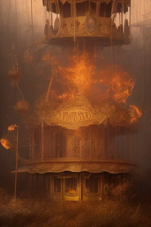 An Abandoned Carousel In Flames, Hyperdetailed, Digital Painting, Digital Illustration, Extreme Detail, Digital Art, 4k, Ultra Hd, Realistic And Natural, Detailed, Hyperrealism, Concept Art, Matte Painting, Trending On Artstation, Greg Rutkowski, Johan Grenier .