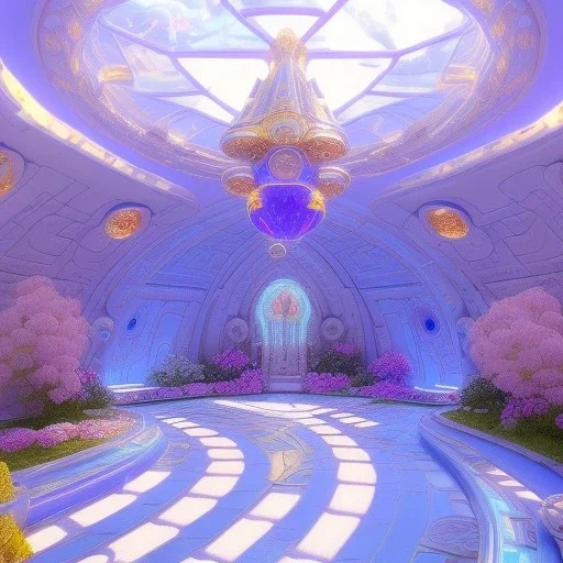 landscape of aztecan celestial blue temple ambient beutiful villa white gold and neon lights bright and blue bright gloss effect of a futuristic house,like spaceship, natural round shapes concept, large transparent view of the open outdoor garden,sea beach,blue sky , gold crystals,with light blue, flowers of Lotus, beutiful pools, light of sun , palmiers,cerisiers en fleurs, wisteria, sun , stars, small waterfalls