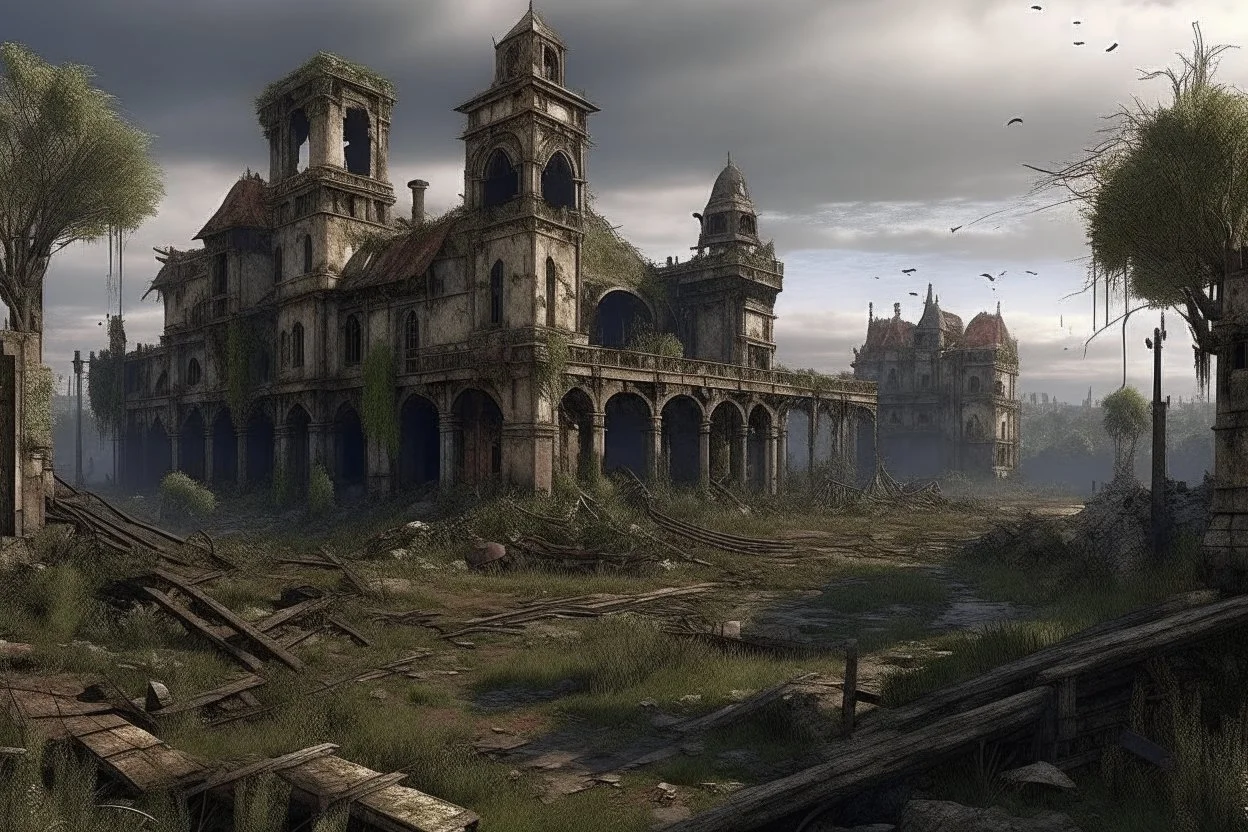 ruined victorian city post-apocaliptic cursed wilderness