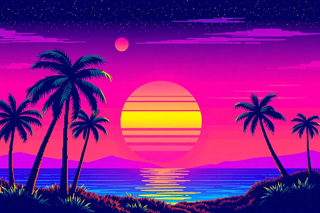 8 bit pixelart of synthwave sun, palmtrees synthwave, synthwave collored, vaporwave