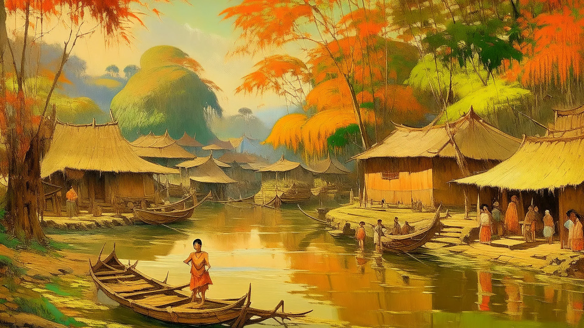 Impressionistic painting of a floating village on a river, featuring several houseboats clustered together, each with unique makeshift structures on top, under a large tree with orange and yellow foliage, with two people in the scene, one wearing a conical hat and working on one of the boats, and another standing on a wooden pier in the distance, all set against a vibrant orange and purple sky, with visible brushstrokes and a warm color palette.