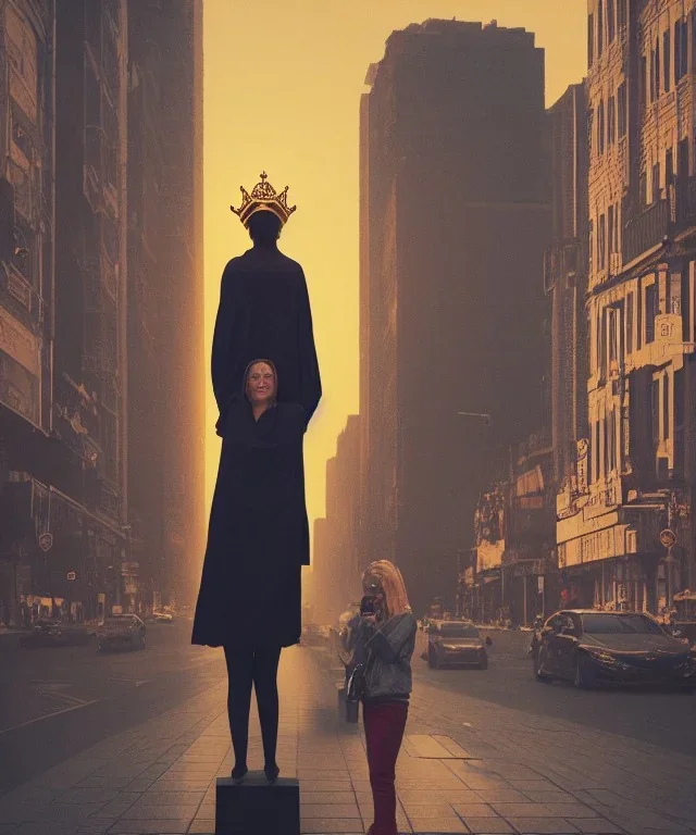 Statue of Queen of photography. Cute blonde woman. Photographer in golden crown. Standing on the street. Big camera in her hand. hyperdetailed, photorealistic, trending on artstation, greg rutkowski, beksinski, kodachrome, lomography, golden hour, bokeh, volumetric light