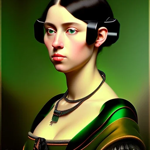 oil Portrait of a Black haired beautiful busty voluptous adult woman with emeralds necklace with big Green sad eyes looking to viewer by GRANT WOOD Ingres 8k