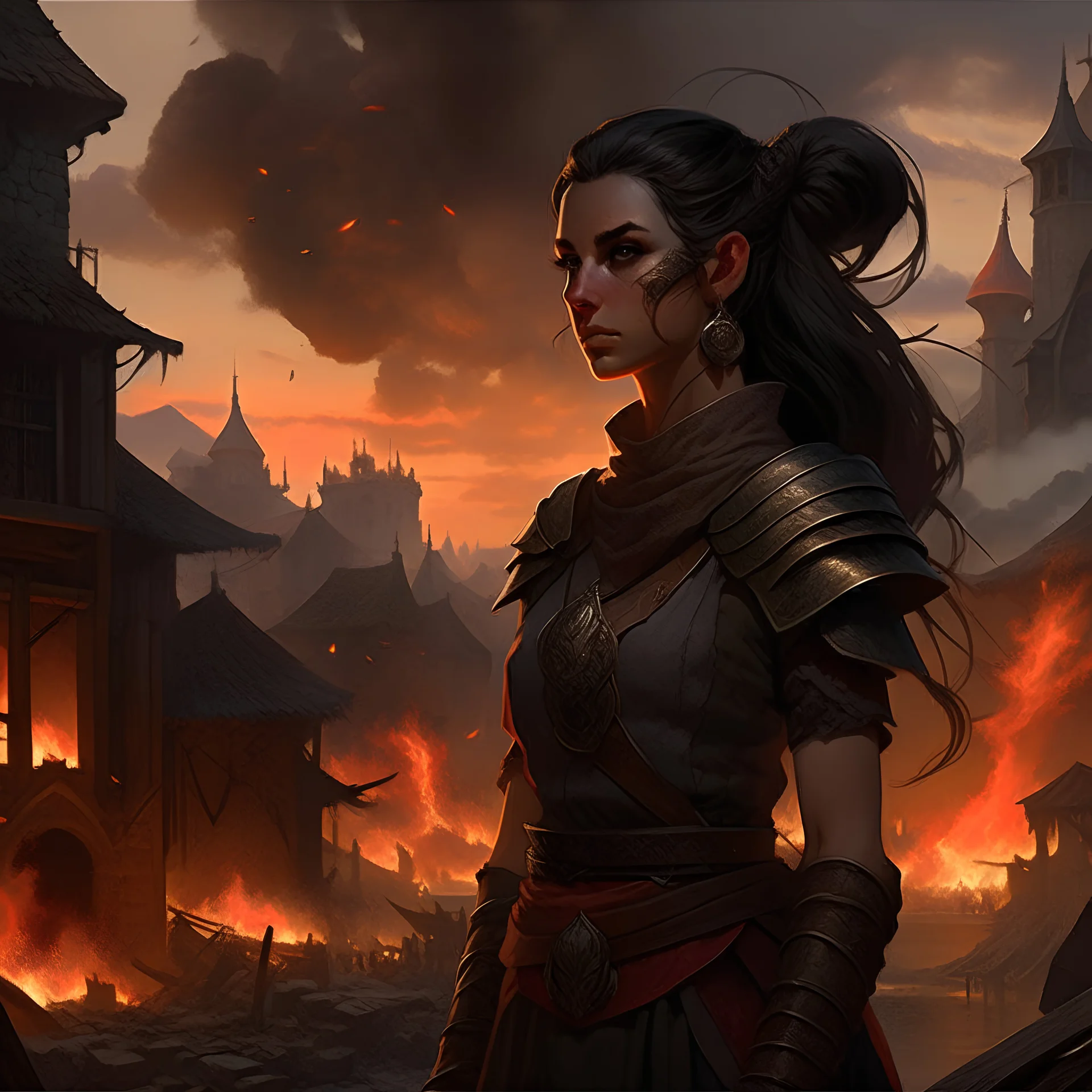 a beautiful dark haired tiefling woman, dressed in a sleeveless battle outfit, watching the burning ruins of a medieval town