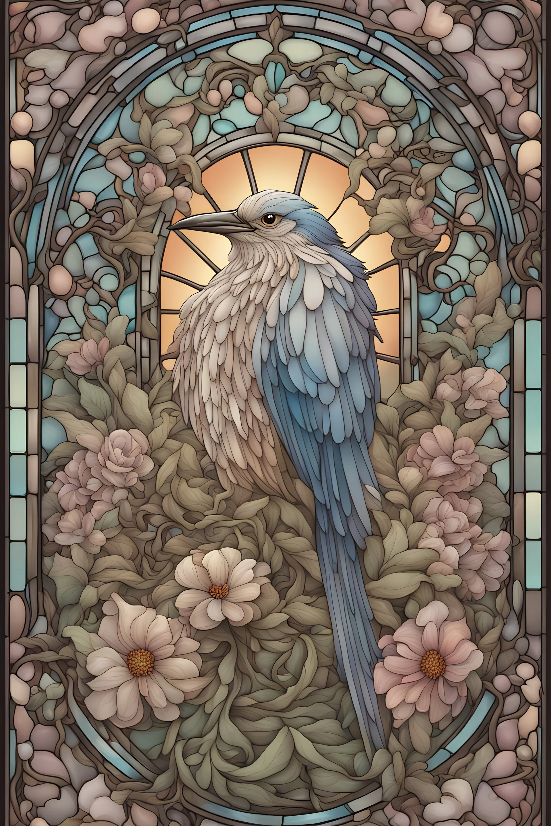 stained glass window design of an overwhelmingly bird framed with vector flowers, long shiny, wavy flowing hair, polished, ultra-detailed vector floral illustration mixed with hyper realism, muted pastel colours, vector floral details in the background, muted colours, hyper-detailed ultra intricate overwhelming realism in a detailed complex scene with magical fantasy atmosphere, no signature, no watermark