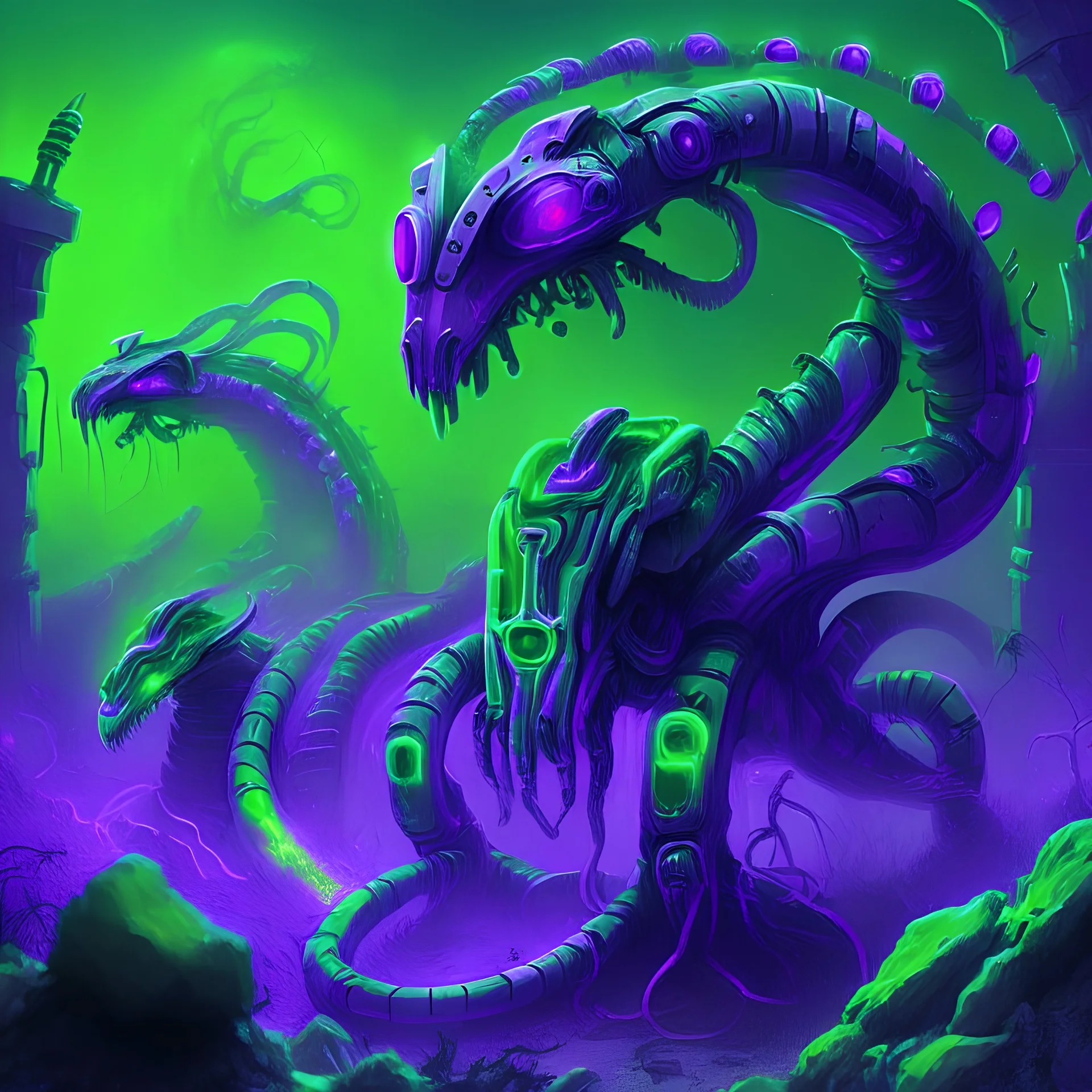 army of neon purple and green snake robot in space grave yard fantasy