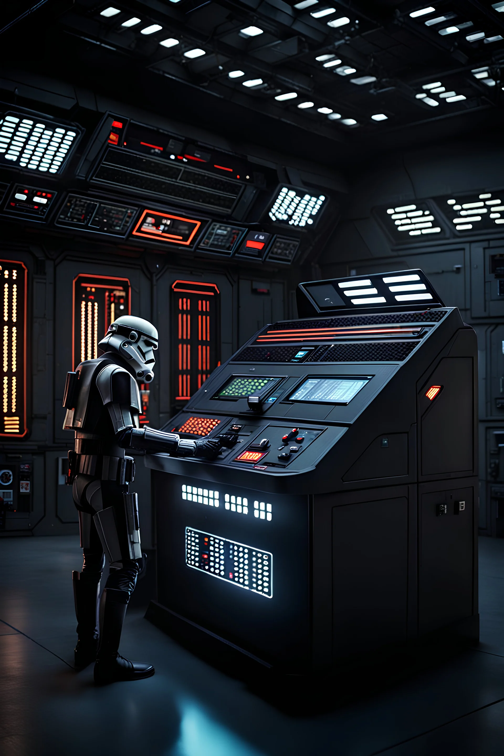 Star Wars Imperial Agent operating security console with flashing lights, warehouse background. Star Wars, scifi fantasy, ultra-realism, 8k UHD