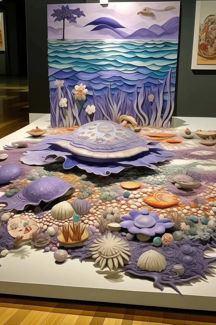 A light purple island with glimmering seashells designed in Javanese shadow puppets painted by Wassily Kandinsky