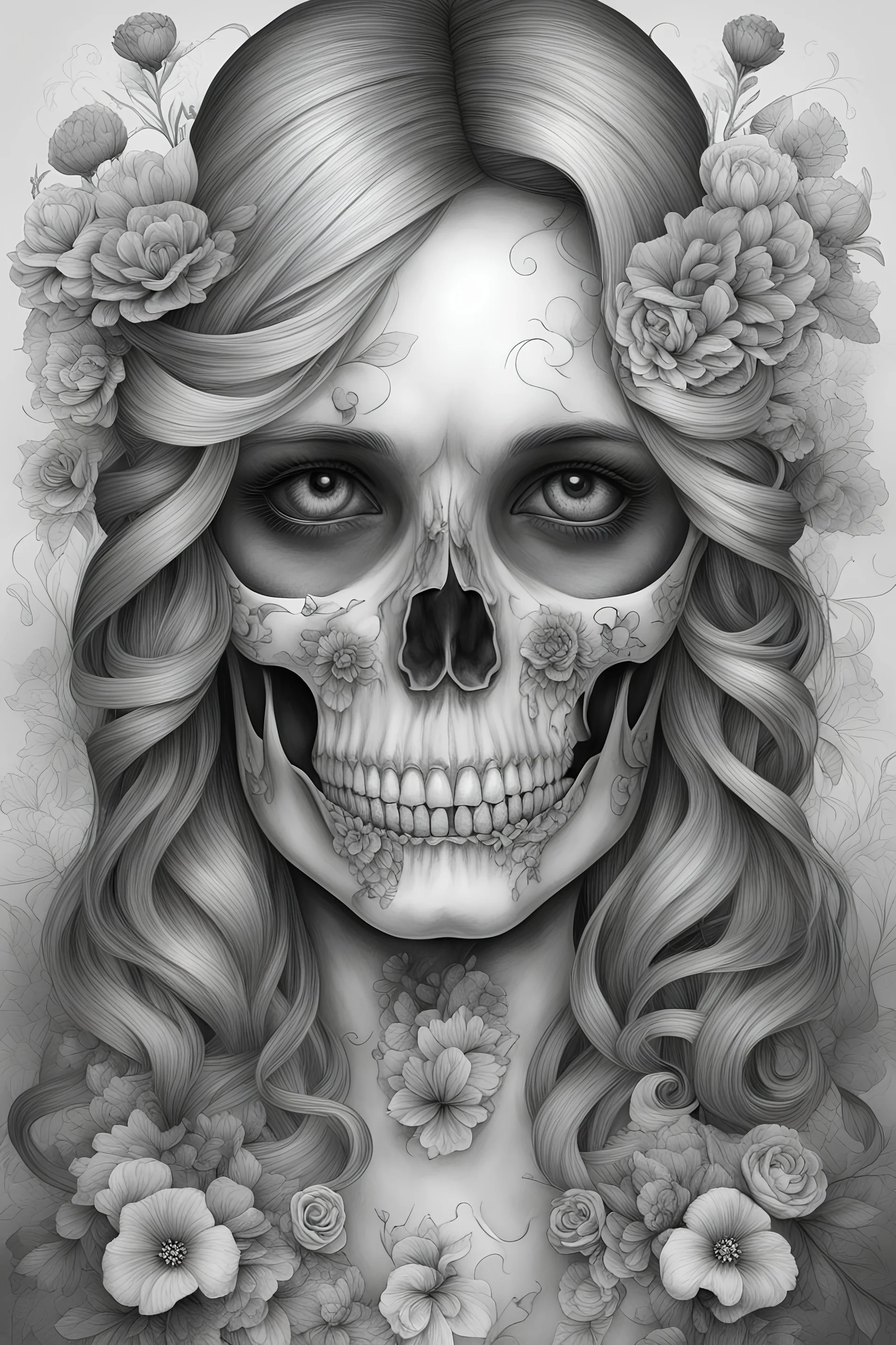 Skull | Mariola Budek - Premium Coloring Page | Printable Adult Colouring Pages Book Instant Download Grayscale WITH GIRL