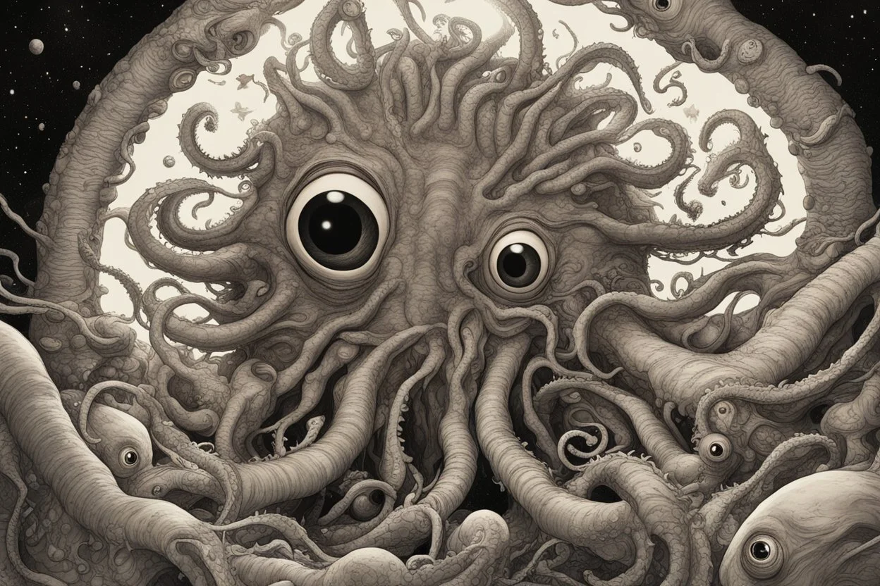 View into an event horizon in space with many enormous strange tentacled creatures with huge eyes and mouths flying around