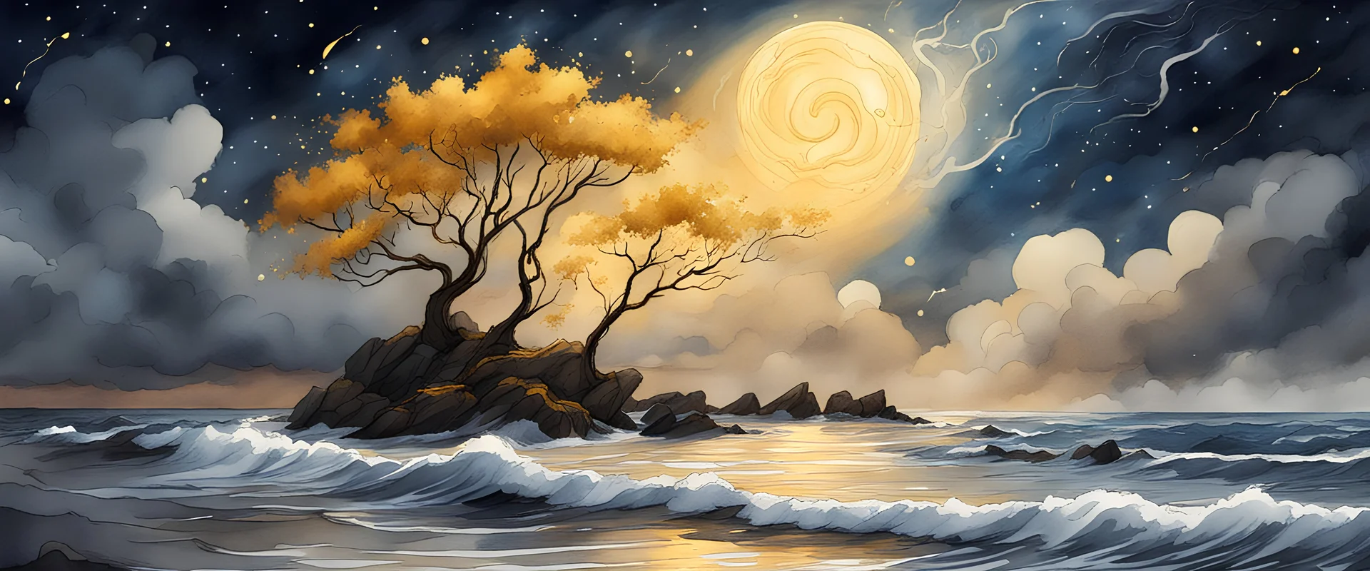 fantasy concept art stormy coast with golden trees, starry night sky, lineart, watercolour