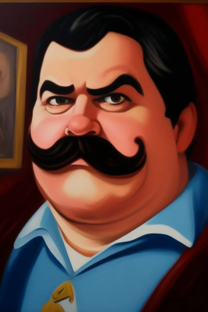 Fat Superman burguese mustache at the casino oil canvas.