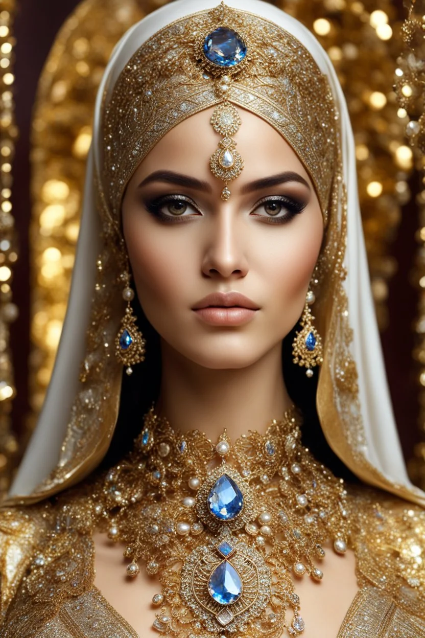 gorgeous photography HD ultra realistic natural skin beauty of young arabian woman hijab, dressing traditional gown beautiful, shiny hard eyes, make up, shiny baubles, ornate, large gemstones, shiny molten golden metalics, shiny ornaments flowers patterns, luxury dress,luxury jewelry diamonds background,brown hair, high definition, high res,establishing shot