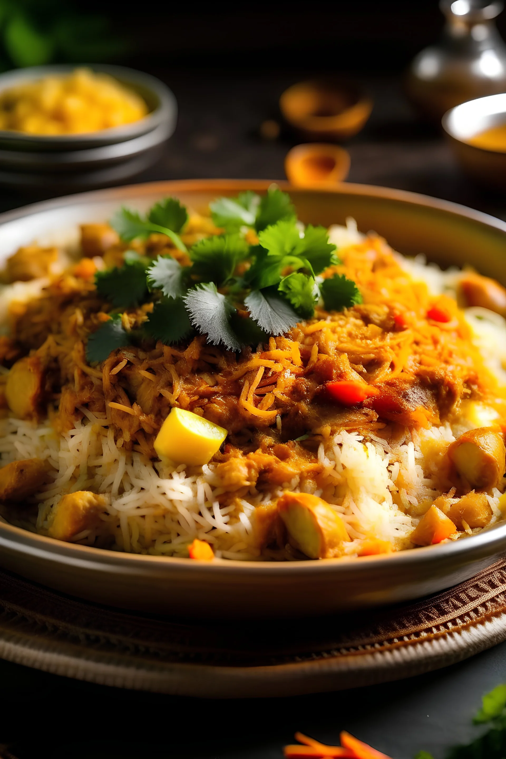 A plate of biryani with fragrant basmati rice, tender chicken, and aromatic spices.