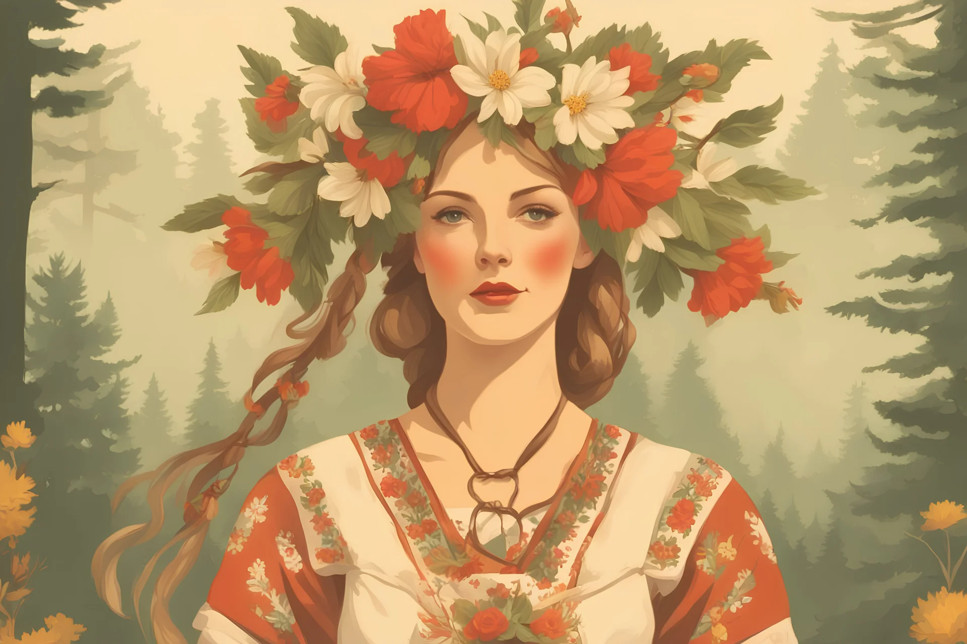 Vintage poster of a beautiful Slavic woman’s face in traditional slavic costume, flower crown, dancing in the forest