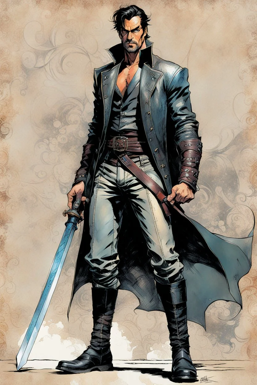 Create a fine art print , full body illustration of a haggard epic fantasy sword and sorcery character , with finely lined and detailed facial features, in an laced leather jerkin, grey leather breeches , a short oriental belted sash at the waist, stealthy soft leather slippers, , in the comic book style of Bill Sienkiewicz, Howard Chaykin, Mike Mignola, Philippe Druillet, and Jean Giraud Moebius, precisely drawn, colored and inked