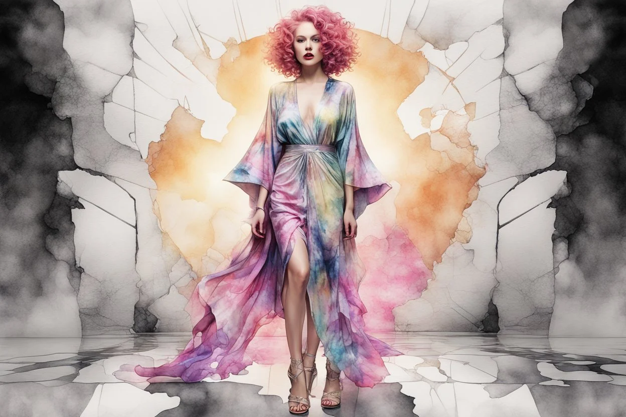 A beautiful woman with knee-length curly pink hair, wearing a spider-sleeved ankle-length tie-dye kaftan and silver high-heeled sandals, double exposure, merged layers, watercolor and black ink outlines, soft, shading strokes, cracked marble holographic background, the cracks are golden S<AI in sunshine