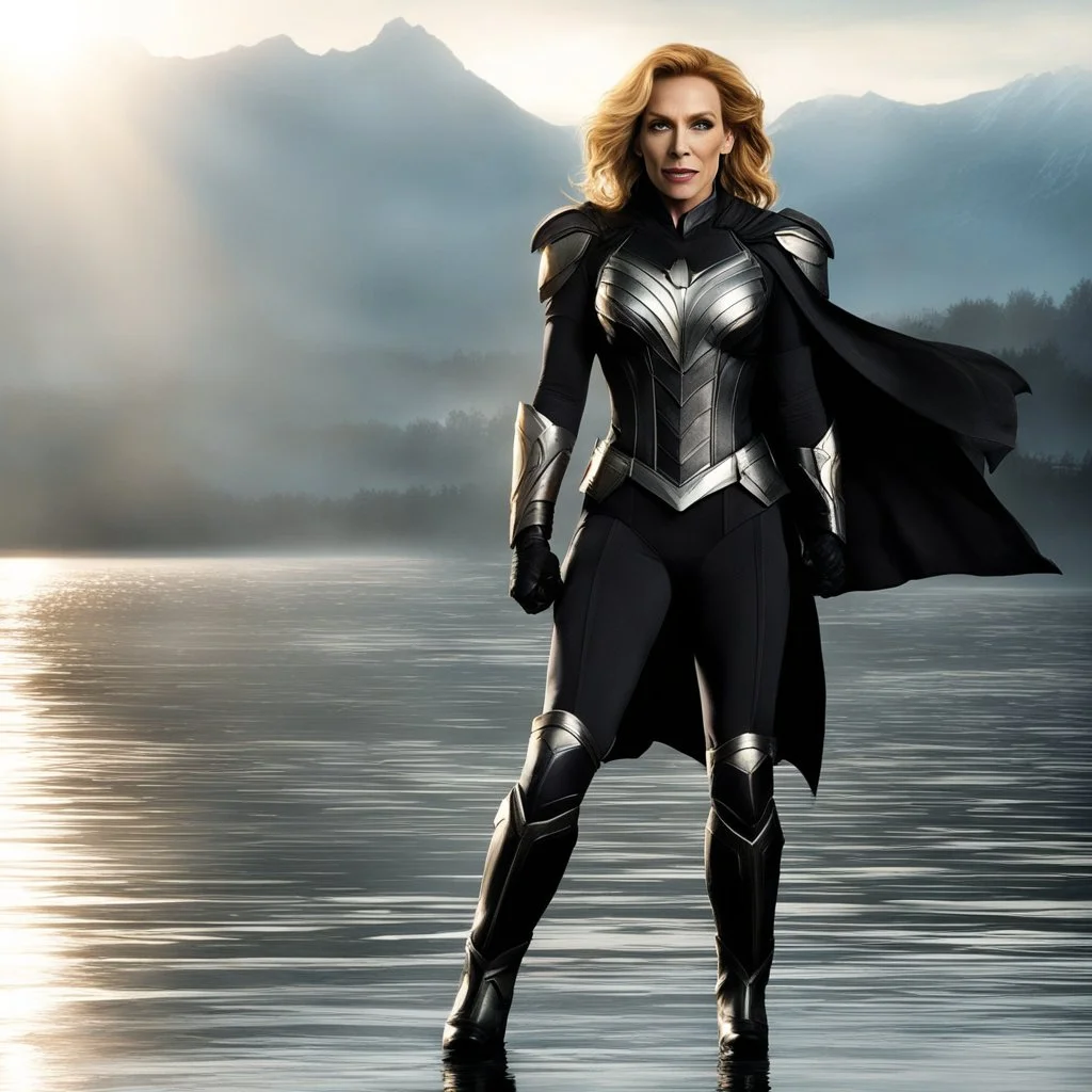 [movie by Zack Snyder] a new legend begins. High above the glistening lake, Toni Collette soars as a super heroine. With each graceful movement, she leaves a trail that sparkles in the sunlight,