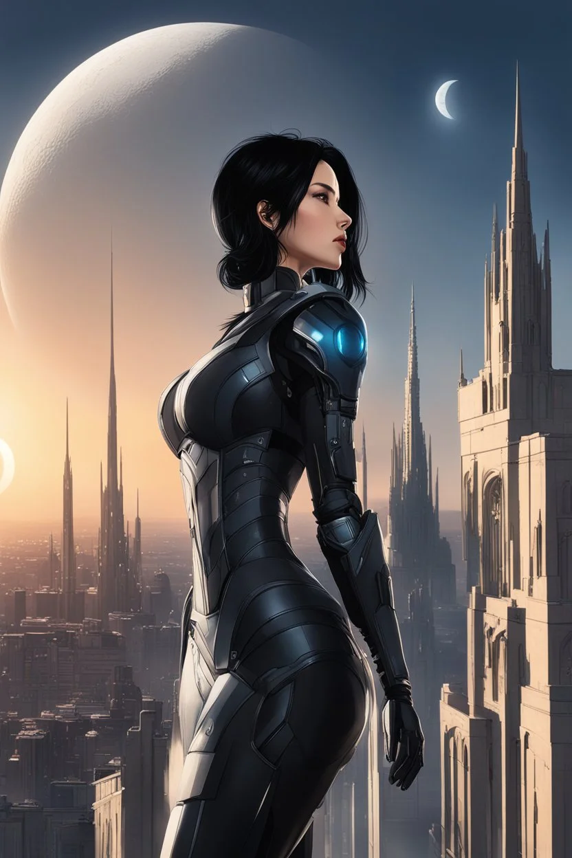 A slim Woman With Black Hair, Wearing an android-looking suit, standing sideways On a ledge of a building, with a waning moon Behind Her Head, towering spires and buildings highlighted by the setting sun