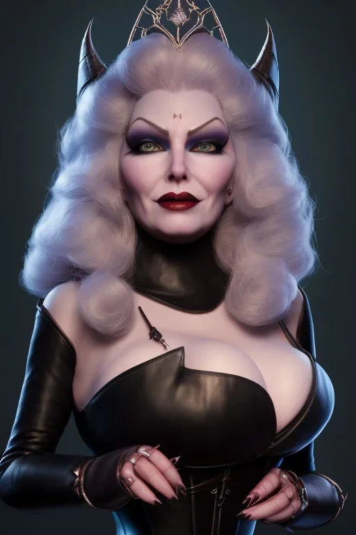 Mae West as evil queen in black leather, leather, busty, cleavage, angry, stern look. character design by cory loftis, fenghua zhong, ryohei hase, ismail inceoglu and ruan jia. unreal engine 5, artistic lighting, highly detailed, photorealistic, fantasy