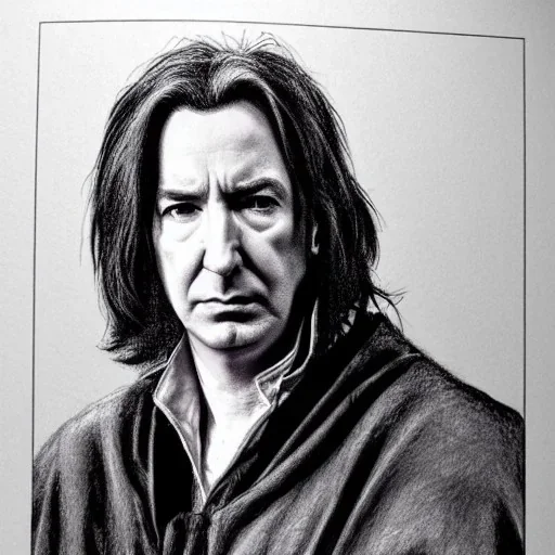 high-quality, fine-detail close-up pen and pencil sketch of alan Rickman as Severus Snape, portrait, young, 8k resolution, intricate, digital art, detailed matte painting, photorealistic, volumetric lighting, Rafael Augusto, Juan Francisco Casas, Anne Dittman, Anne Stokes, greg rutowski