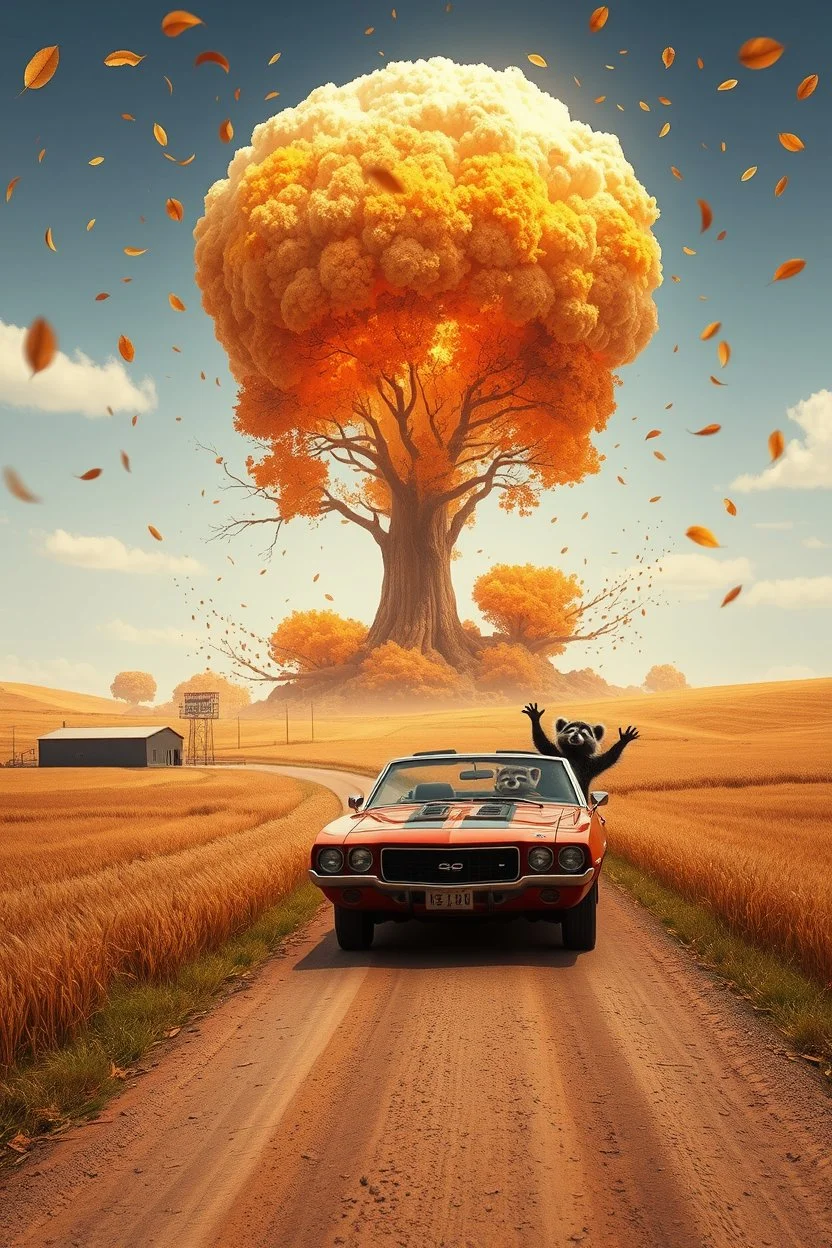 a nuclear explosion mushroom cloud that looks like a autumn tree full of leaves, leaves falling everywhere. bottom 2/3 is a curved dirt road through a wheat field, a wind is blowing away from the tree. a commercial building is in the field on the left, large at bottom on the road is a 1971 Camaro convertible with 2 oversized animated racoons inside, the racoon on viewers left has hands up in celebration
