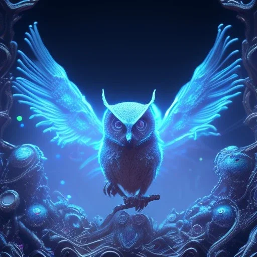 intricate details, realistic, octane, unreal engine, portrait, natural lighting,insanely,nightclub lighting, elegant, blue neon wearing,neon lighting, detail, bokeh, fantasy art style, volumetric lighting, extreme detail, Photorealism, High detail, Hyper realistic Owl in forest, macro lens blur,abstract paint, sharp focus, 85mm, polaroid, cinematic, cinema4d, HDR, 8k