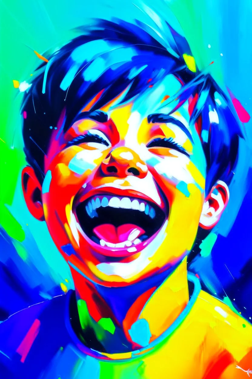 A boy laugh happy in abstract expressionist painting in vivid colors, thick impasto brushstrokes, spontaneous drips and splatters, texture and movement, explore emotions and ideas through non-representational forms --v 5.2