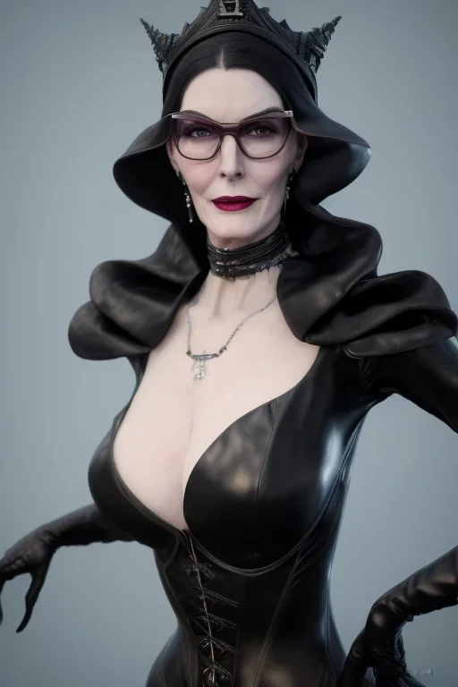 Carmen Dell`orifice as evil queen in black leather gown, angry, busty, curvey, cleavage, unreal 5, octane render,cinema4d, dynamic lighting, dramatic lighting, 4k, redshift render, highly detailed, hyper realistic