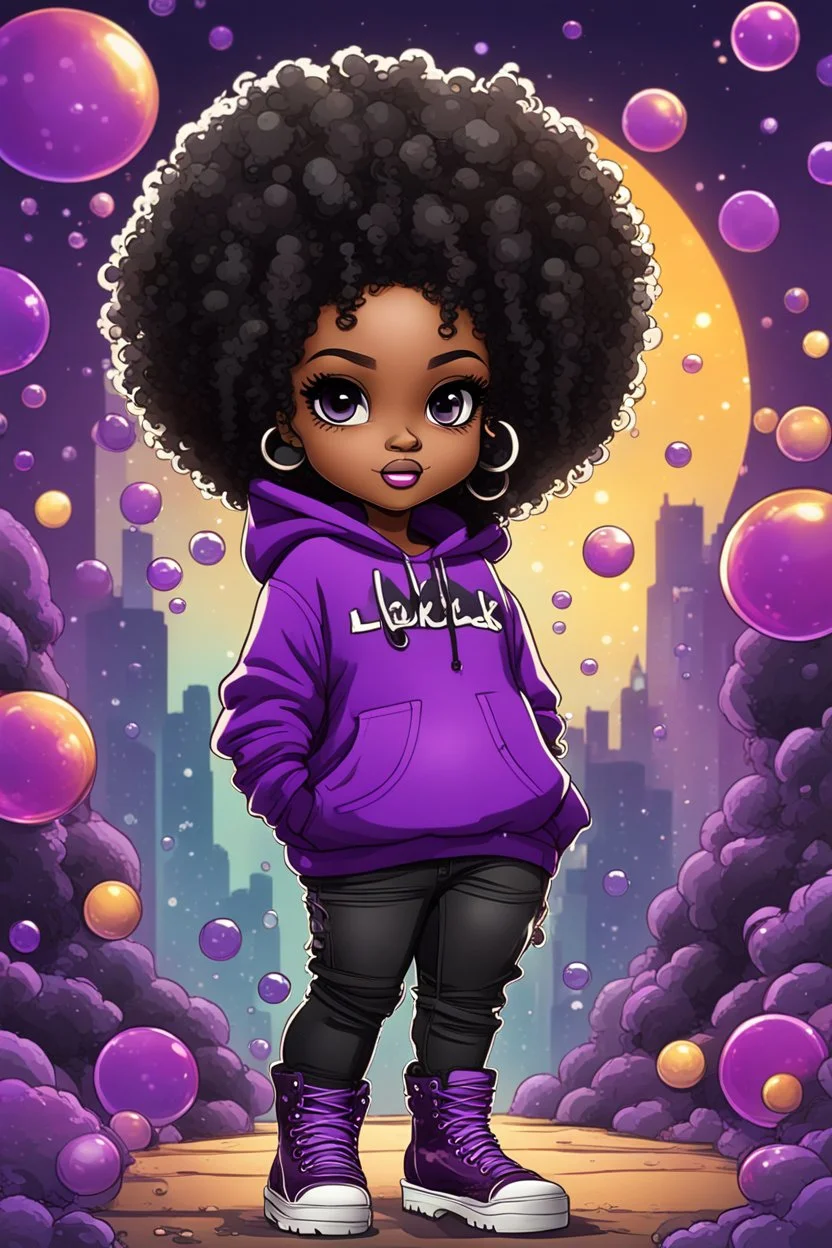 Create an colorful urban comic book illustration of a chibi cartoon black female thick curvy wearing a cut of purple hoodie and black jeans and timberland boots. Prominent make up with long lashes and hazel eyes. Highly detailed shiny black curly afro hair. Background of a large bubbles all around her