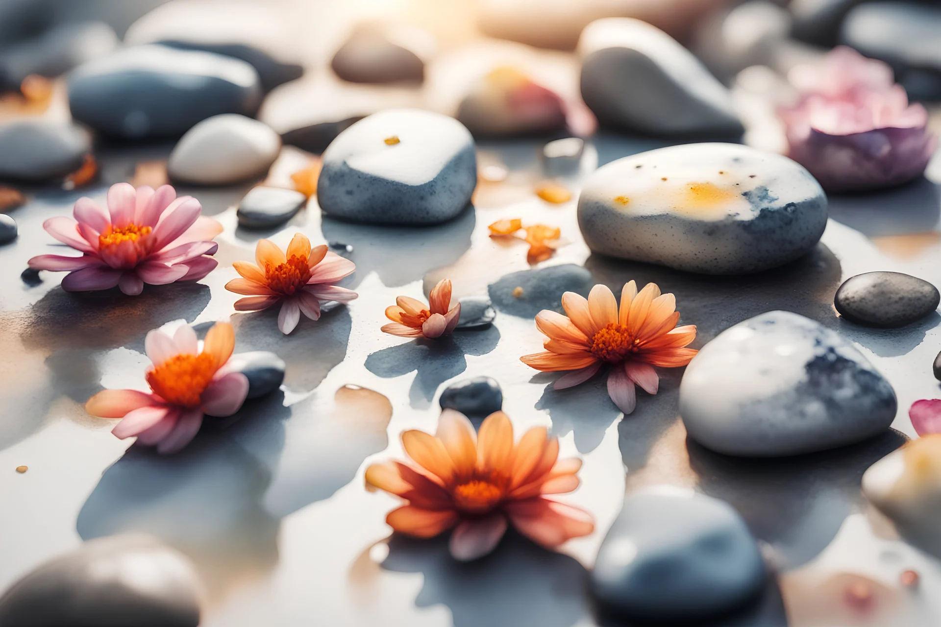 beautiful collection of stones painted with flowers, melting watercolor and black ink outlines on wet paper, soft, shading strokes, in sunshine, ethereal, otherwordly, cinematic postprocessing, bokeh, dof