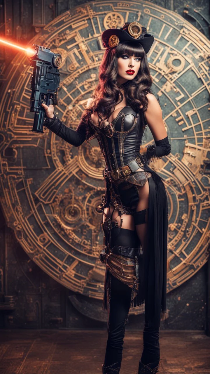 Full Body photo of a burlesque Woman With straight hair and a Fringe Hairstyle, holding a laser gun, sci-fi steampunk Background