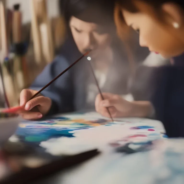 Close up of Beautiful female artist painting a self portrait in her attic studio, dramatic light, shadows