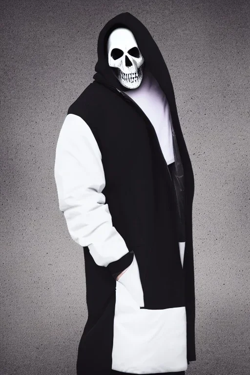 Hooded man in white skull mask wearing dark black and purple coloristic coat