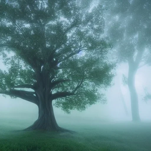 mystic tree full of sprites and surrounded by a magic aura and fog