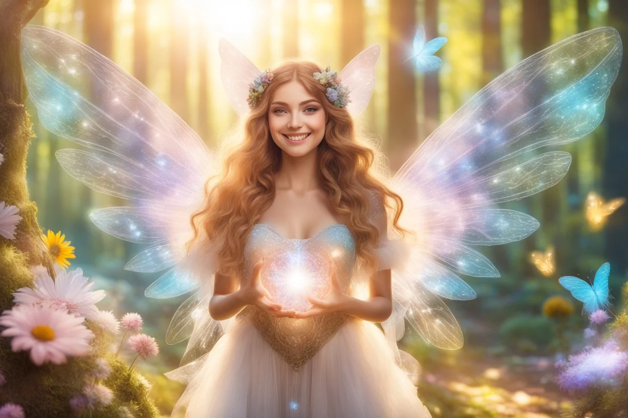 A beauty Fairy women with long Brown hairy,Crystal wings and sweety smile and cosmica suite.She has a magic light in the hands.the background Is a magic coloured Fairy foreste, with a kot of flowers, sweety animal in a Sunny day