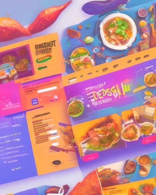 a food delivery web landing page design with a burst of colors and illustrations, hyper realism, and hyper details. sharp