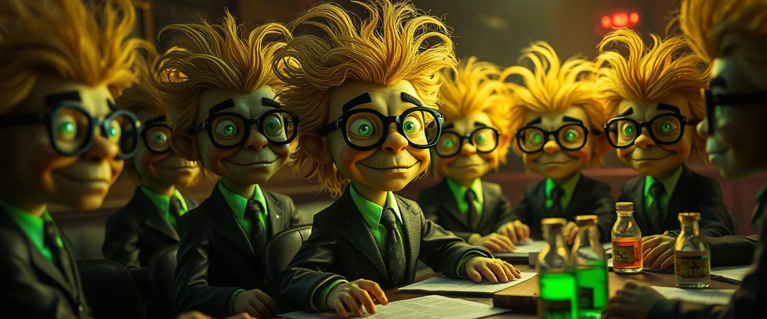 high class realism, the board in the style of fallout 4, A close up portrait of one person in a tiny group of mutated with hairy wigs glowing, messed up uranium creatures in a dimly lit boardroom, wearing tiny suits and glasses, with playful but slightly mischievous expressions. Their bodies emit a soft greenish glow. The room is filled with scattered papers, glowing vials, and miniature nuclear reactors. Style: whimsical digital illustration, cinematic lighting, colorful, exaggarated