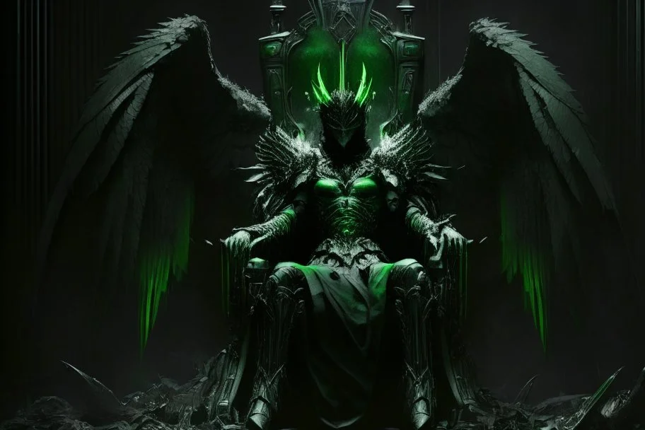 armadura de negra y verde con alas de angel sentada en un gran trono en la oscuridad